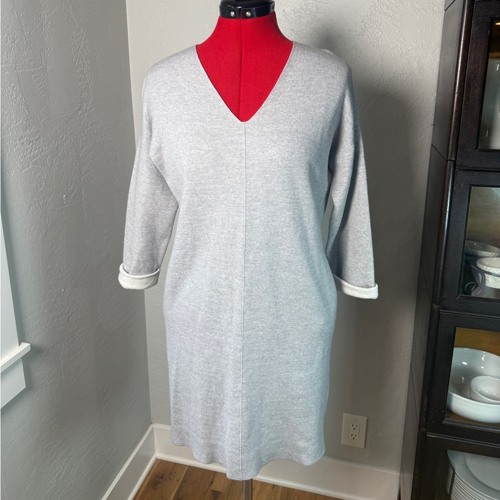 Vince Light Gray Wool Blend Minimalist V-Neck Sweater Dress Size M
